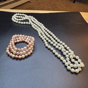 Faux Pearl Necklace and Bracelet Set